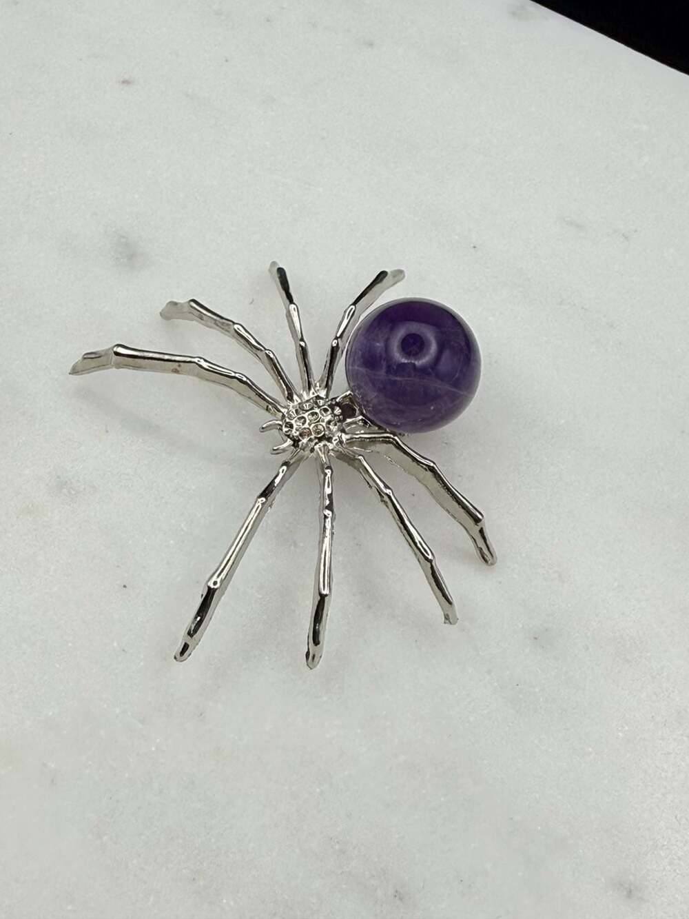 Amethyst Crystal Sphere Silver Metal Small Spider Figurine - Picture 2 of 4